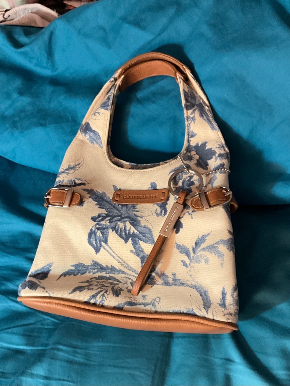 CARIBBEAN JOE Blue Floral Canvas Tote with Tan Leather Trim